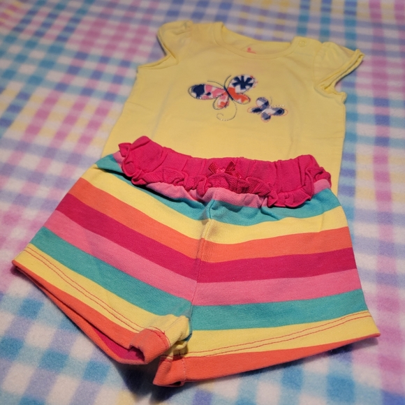 CIRCO 🦋 NWOT 2pc Ruffled Yellow Butterfly Onesie 'n Multi Striped Shorts Set NB - Picture 3 of 12